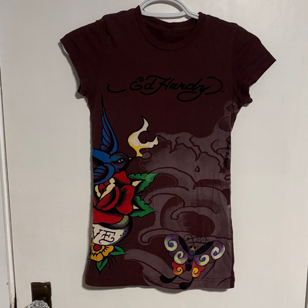 Ed Hardy Brown T-Shirt with Colorful Tattoo Art